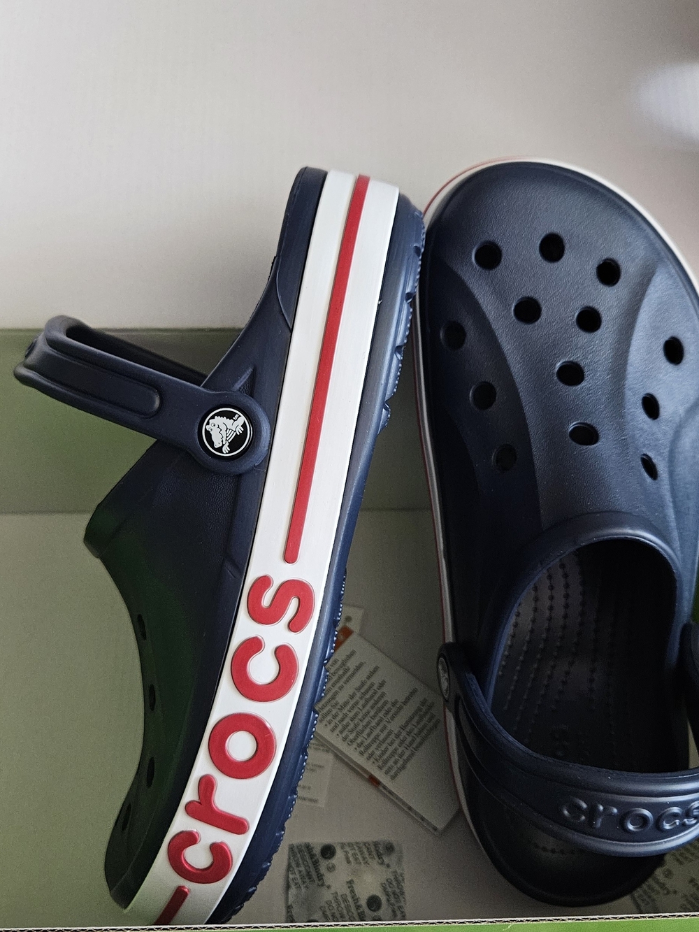 CROCS Navy Slip-On Clogs with Red & White Side Stripe